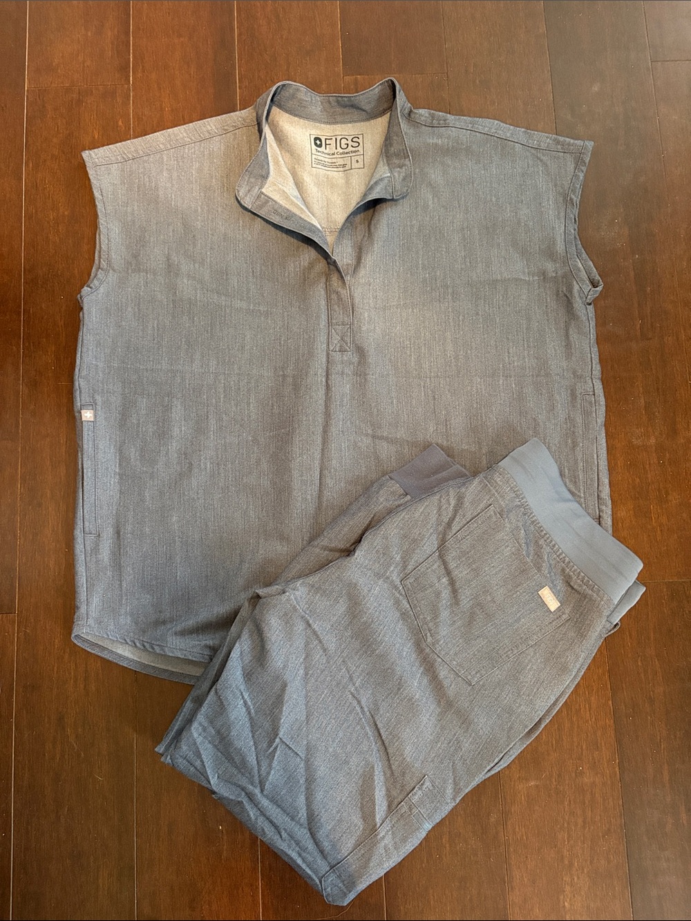 FIGS chambray Scrubs Jogger Set - Pullover Top & Elastic Waist Pants